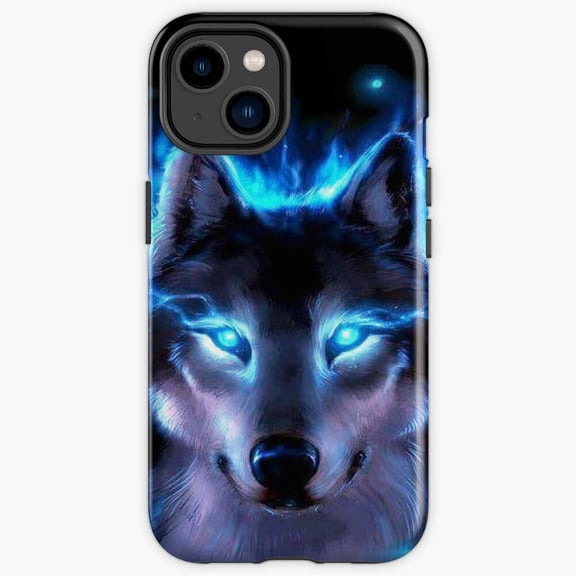 Protective iPhone Case Spirit Dire Wolf Blue Flames Mystic Fantasy Predator Heavy Duty Shockproof Hard Shell IP15 Magnetic MagSafe Compatible