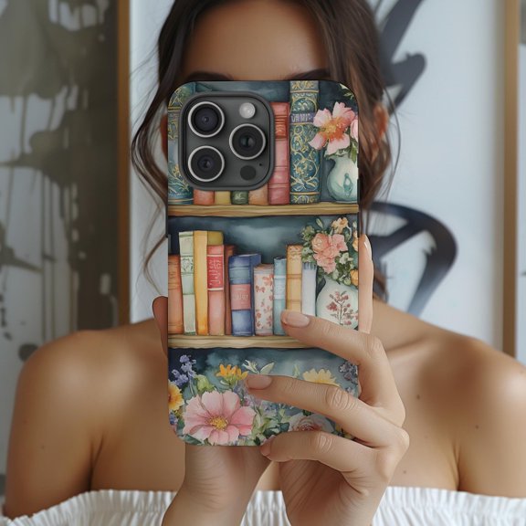 Protective iPhone Case Spring Floral Bookshelf Phone Case Bookish Flower Pattern IP13/14 Magnetic MagSafe Compatible