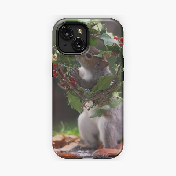 Protective iPhone Case Squirrel Festive Inspired Phone Case Cute Backyard Rodent Holding Acorn Ornament Cover IP13/14 Magnetic MagSafe Compatible