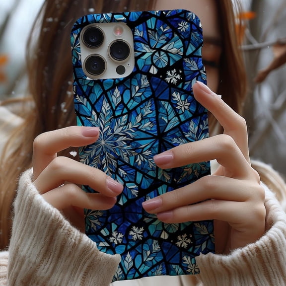 Protective iPhone Case Stained Glass Blue Snowflake Phone Case Winter Faux Glass Mosaic Cover IP16 Magnetic MagSafe Compatible