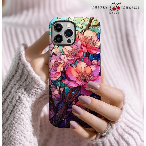 Protective iPhone Case Stained Glass Cherry Blossom Cell Phone Case Flower Aesthetic Cover Cover IP15 Magnetic MagSafe Compatible