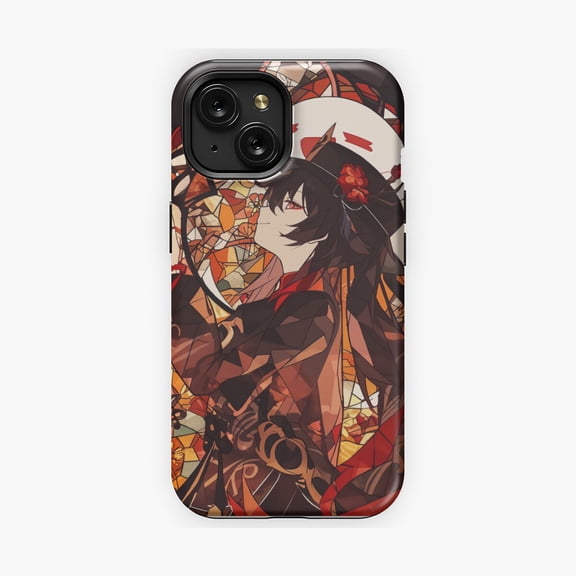 Protective iPhone Case Stained Glass Hu Tao Chinese Fantasy Game Character Faux Mosaic Pattern Shield Cover Phone Case Layout IP16 Magnetic MagSafe Compatible