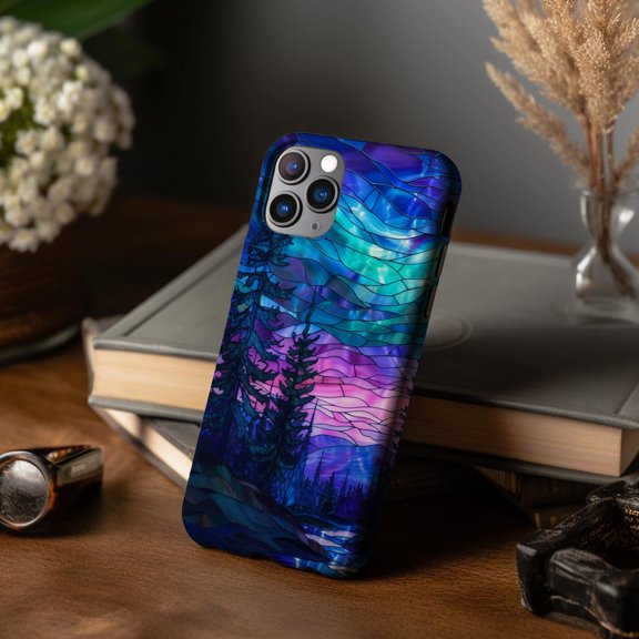 Protective iPhone Case Stained Glass Northern Lights Night Sky Cover Faux Glass Mosaic Shield IP15 Magnetic MagSafe Compatible