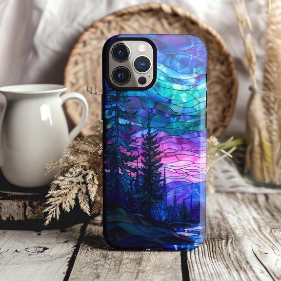 Protective iPhone Case Stained Glass Style Northern Lights Night Sky Cover Faux Glass Mosaic Cover IP13/14 Magnetic MagSafe Compatible