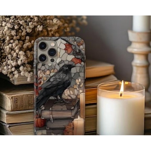 Protective iPhone Case Stained Glass Winter Raven Phone Case Spooky Autumn Cover IP15 Magnetic MagSafe Compatible