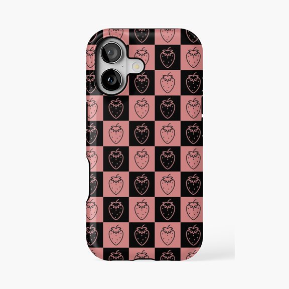 Protective iPhone Case Strawberries Checkered Pattern Design Phone Case IP15 Magnetic MagSafe Compatible