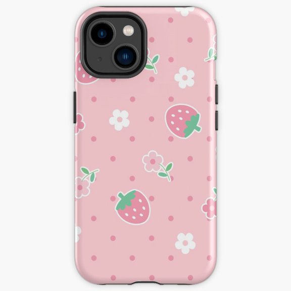 Protective iPhone Case Strawberries Pink Flowers Dots Kawaii Cute Pastel Berry Heavy Duty Shockproof Hard Shell IP13/14 Magnetic MagSafe Compatible