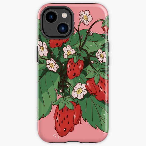 Protective iPhone Case Strawberry Frog Cute Kawaii Amphibian Wearing Berry Heavy Duty Shockproof Hard Shell IP13/14 Magnetic MagSafe Compatible