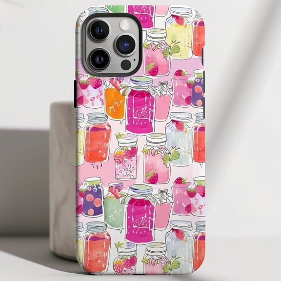 Protective iPhone Case Strawberry Jam Collage Phone Case Cute Girly Spring Floral Fruit Print IP13/14 Magnetic MagSafe Compatible