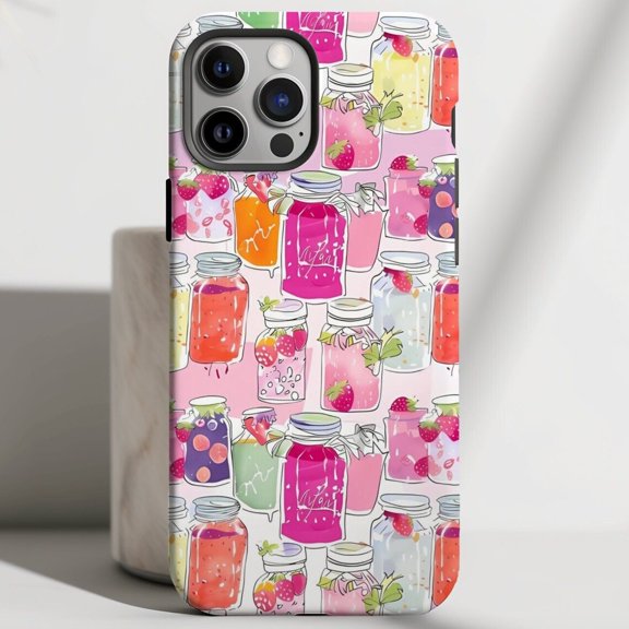 Protective iPhone Case Strawberry Jam Collage Phone Case Cute Girly Spring Floral Fruit Print IP16 Magnetic MagSafe Compatible