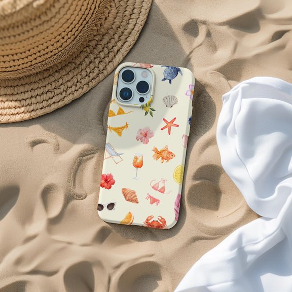 Protective iPhone Case Summer Vacation Cute Coastal Collage Travel Stamp Horizon Shield IP15 Magnetic MagSafe Compatible