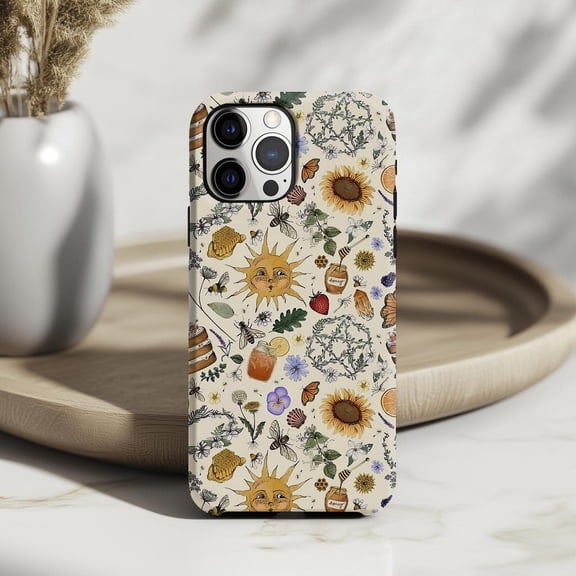 Protective iPhone Case Sunflower Bee Phone Case Nature Celestial Sun Botanical IP13/14 Magnetic MagSafe Compatible