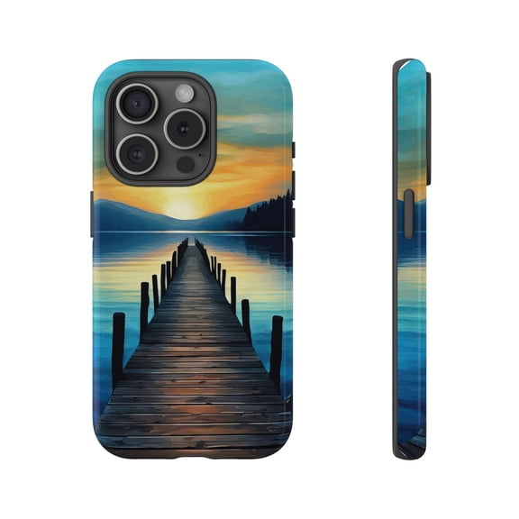 Protective iPhone Case Sunrise Lake Dock Phone Case Nature Art Design Vibrant Colors Morning Pier Wilderness IP13/14 Magnetic MagSafe Compatible