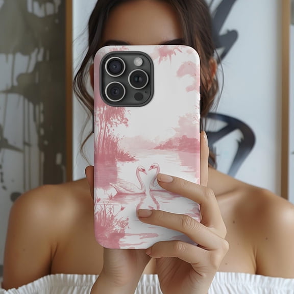 Protective iPhone Case Swan Coquette Phone Case Toile Soft Girl Cute Pink Pattern IP13/14 Magnetic MagSafe Compatible