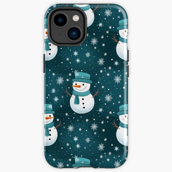 Protective iPhone Case Teal And White Cute Snowman Composite Overlay Pattern 2 Tough Mobile Shield IP15 Magnetic MagSafe Compatible