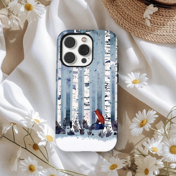 Protective iPhone Case The Birches Phone Case Fox Winter Forest Woodland Animal Artistic Design IP13/14 Magnetic MagSafe Compatible