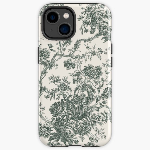 Protective iPhone Case Toile De Jouy Fleurie Pattern Green Country Pastoral Heavy Duty Shockproof Hard Shell IP13/14 Magnetic MagSafe Compatible