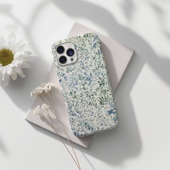 Protective iPhone Case Toile De Jouy Flower Spring Blue Green Pattern Tough Mobile Shield IP13/14 Magnetic MagSafe Compatible