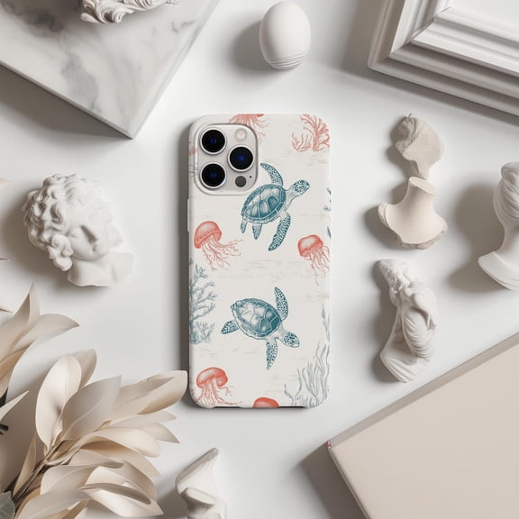 Protective iPhone Case Toile De Jouy Ocean Tortoise Shell Design Traditional French Cover IP15 Magnetic MagSafe Compatible