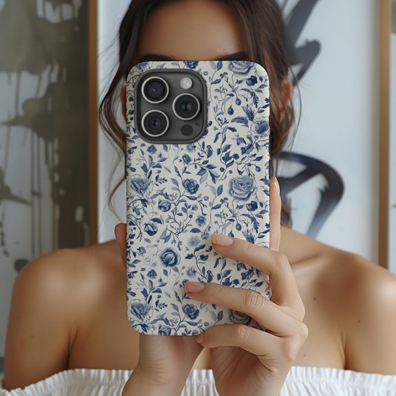 Protective iPhone Case Toile De Jouy Phone Case Floral Spring Blue Pattern Flower Cover Polycarbonate Cover Card Slot IP13/14 Magnetic MagSafe Compatible