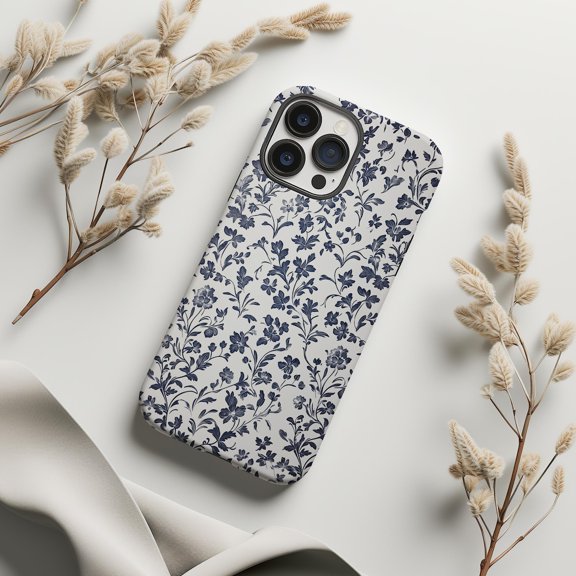 Protective iPhone Case Traditional French Toile De Jouy Flower Spring Blue Pattern Cover IP13/14 Magnetic MagSafe Compatible