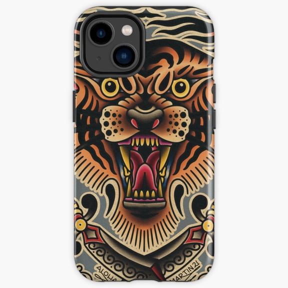 Protective iPhone Case Traditional Tiger Flash Sheet Old School Outline Heavy Duty Shockproof Hard Shell IP16 Magnetic MagSafe Compatible