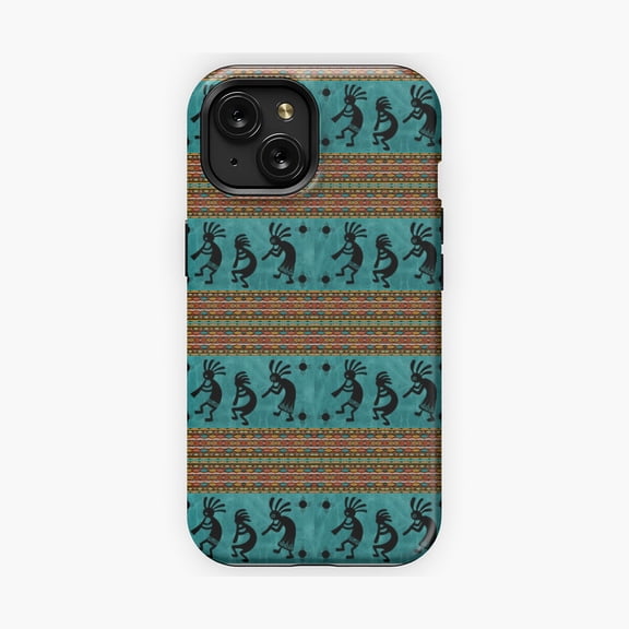 Protective iPhone Case Tribal Kokopelli Zia Symbol Turquoise Pattern Phone Case Style Cover IP13/14 Magnetic MagSafe Compatible