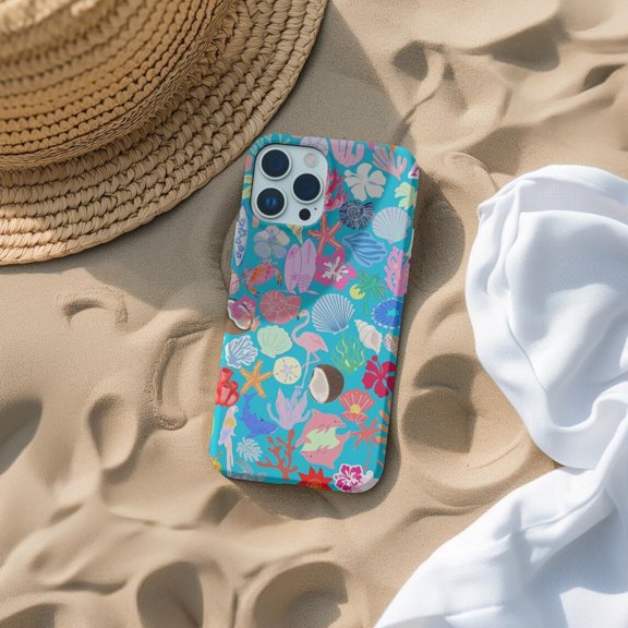 Protective iPhone Case Tropical Beach Collage Phone Case Summer Theme Coconut Girl Artistic Cover Version 2 IP13/14 Magnetic MagSafe Compatible