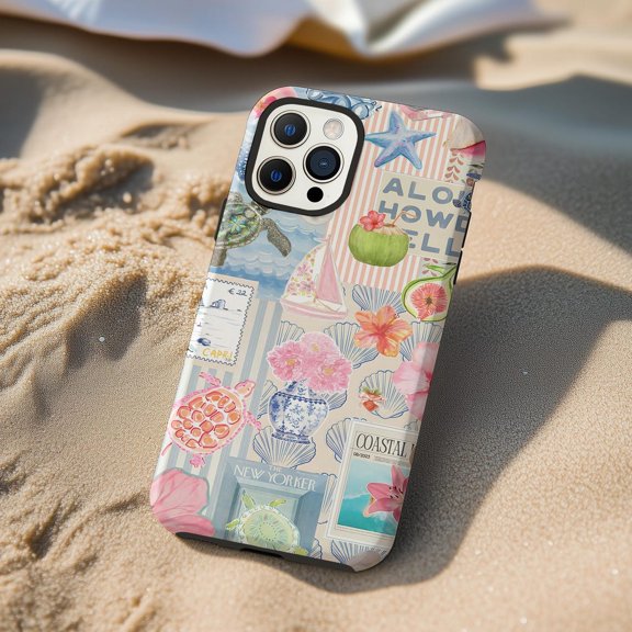 Protective iPhone Case Tropical Coastal Collage Phone Case Summer Fruit Capri Stamp IP15 Magnetic MagSafe Compatible