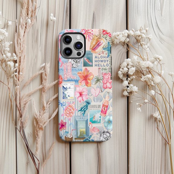 Protective iPhone Case Tropical Collage Protective Cell Phone Case Beachy Summer Dual Layer Cover IP13/14 Magnetic MagSafe Compatible