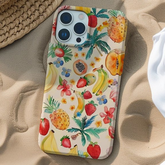 Protective iPhone Case Tropical Fruits Collage Phone Case Summer Girly Beach Aesthetic Layout IP15 Magnetic MagSafe Compatible