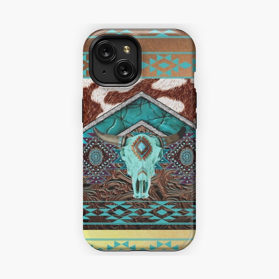 Protective iPhone Case Turquoise, Cowhide, Tooled Leather with Cow Skull Phone Case in Southwestern Style IP16 Magnetic MagSafe Compatible