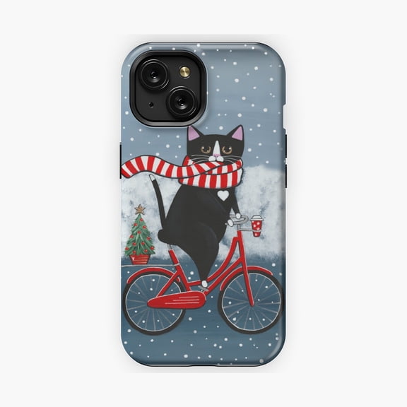 Protective iPhone Case Tuxedo Cat Winter Bicycle Ride Scenic Phone Case Whimsical Pet Cycling In Snow Cover IP15 Magnetic MagSafe Compatible
