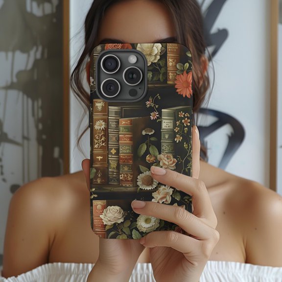 Protective iPhone Case Vintage Book Phone Case Floral Bookshelf Pattern IP16 Magnetic MagSafe Compatible