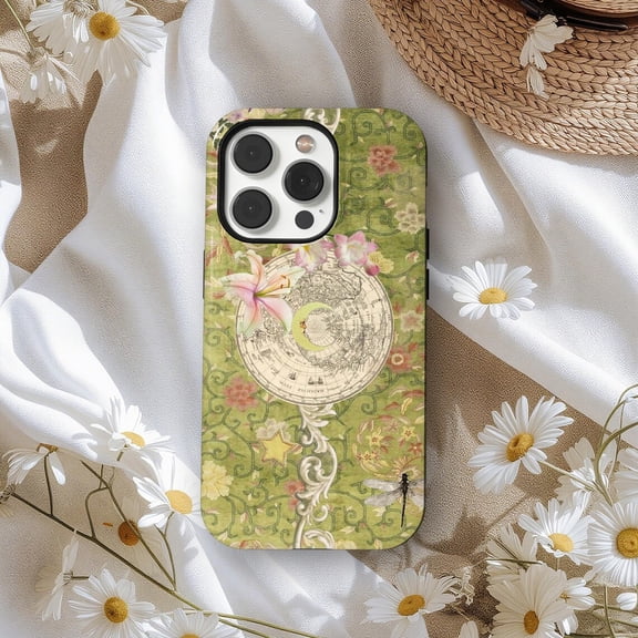 Protective iPhone Case Vintage Celestial Globe Floral Phone Case Green Botanical Art Shockproof IP15 Magnetic MagSafe Compatible