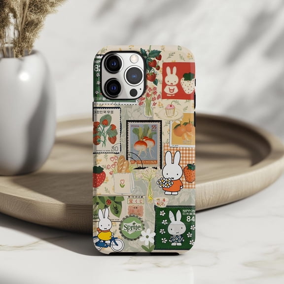 Protective iPhone Case Vintage Japanese Collage Phone Case Kawaii Retro Stamp Cute Fruit Bunny IP16 Magnetic MagSafe Compatible