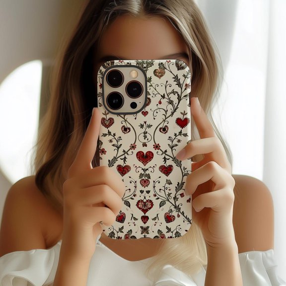Protective iPhone Case Vintage Vines Phone Case Beige Romantic Heart Floral IP13/14 Magnetic MagSafe Compatible