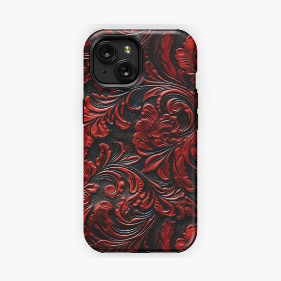 Protective iPhone Case Vintage Western Red Ornaments Black Leather Texture Phone Case Dark Country Style Cover IP15 Magnetic MagSafe Compatible