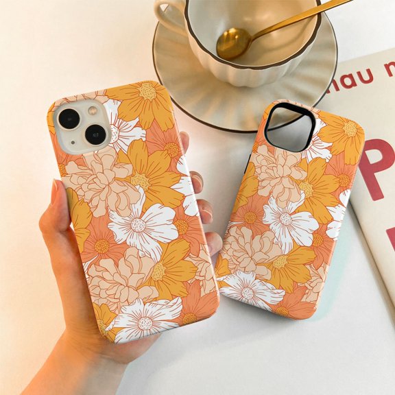 Protective iPhone Case Vivid Orange Floral Pattern Phone Case for Bold Style IP15 Magnetic MagSafe Compatible