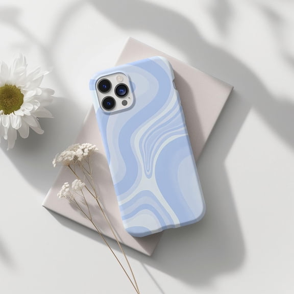 Protective iPhone Case Wavy Blue and White Collage Phone Case Preppy Abstract Look IP15 Magnetic MagSafe Compatible