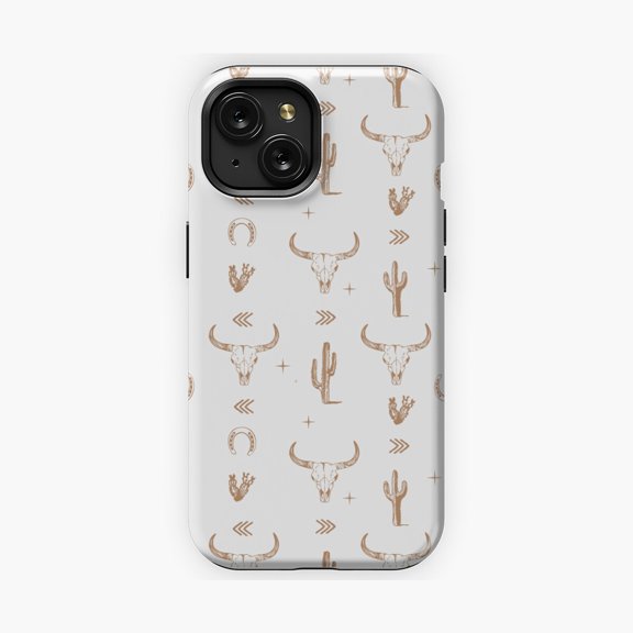 Protective iPhone Case Western Country Boho Bull Skull Pattern Phone Case IP15 Magnetic MagSafe Compatible
