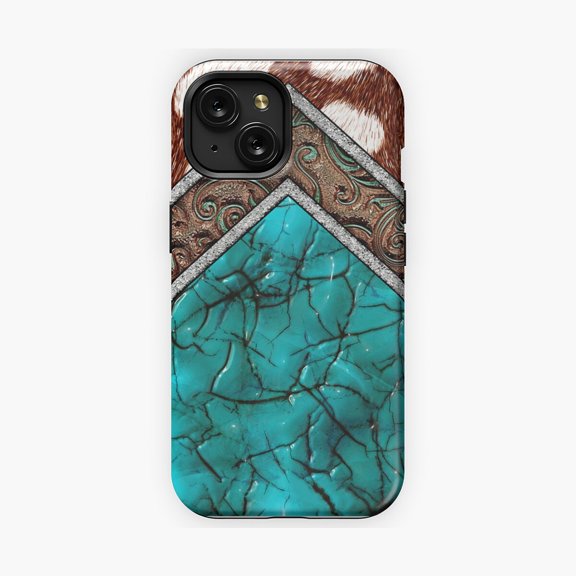Protective iPhone Case Western Cowhide Turquoise Country Phone Case with Rustic Design IP15 Magnetic MagSafe Compatible
