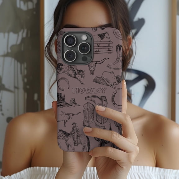 Protective iPhone Case Western Phone Case Collage Cowboy Boots Neutral Design IP15 Magnetic MagSafe Compatible
