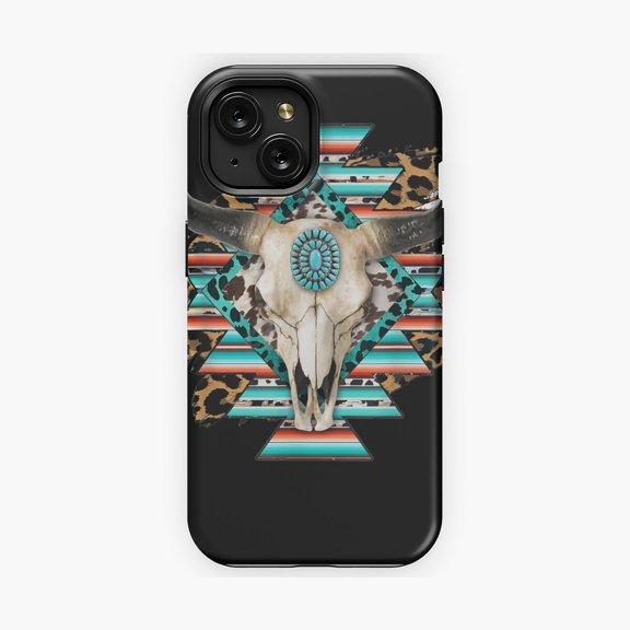 Protective iPhone Case Western Serape Aztec Cow Skull Rodeo Inspired Design Phone Case IP15 Magnetic MagSafe Compatible