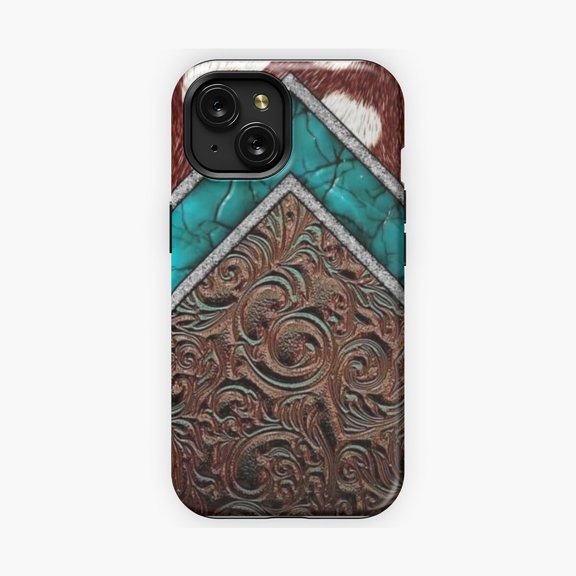 Protective iPhone Case Western Tooled Leather Brown Engraved Pattern Phone Case IP13/14 Magnetic MagSafe Compatible