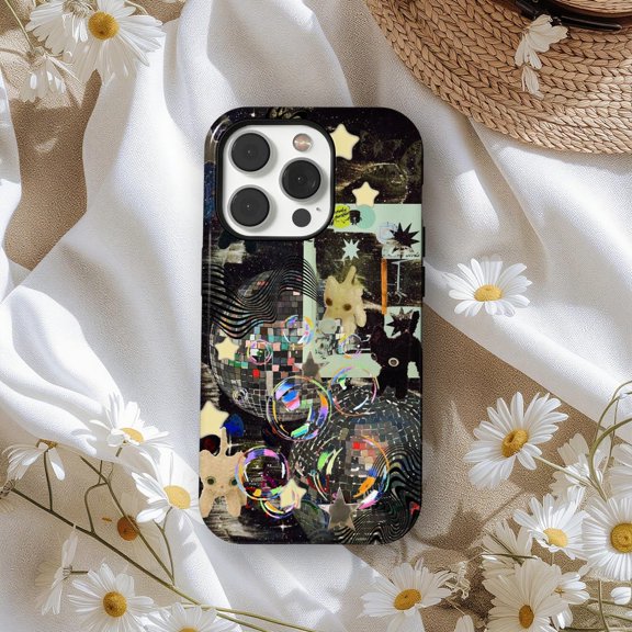 Protective iPhone Case Whimsical Disco Cat Phone Case Surreal Collage Art Cyber Retro Design IP13/14 Magnetic MagSafe Compatible
