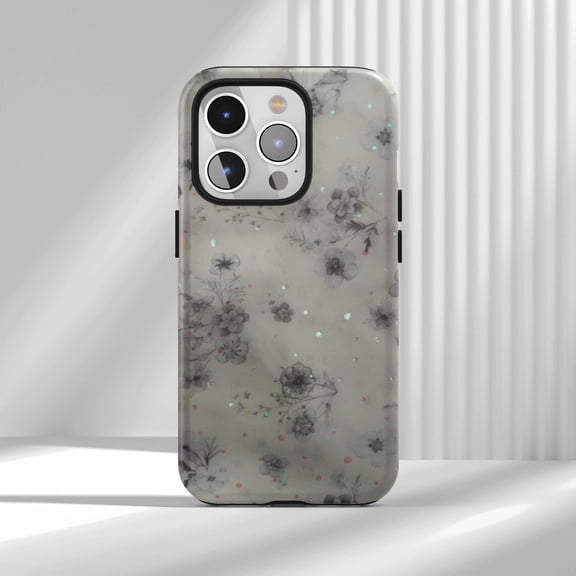 Protective iPhone Case Whimsical Floral Glitter Protective Cell Phone Case Delicate Gray Flower Pattern Cover IP16 Magnetic MagSafe Compatible