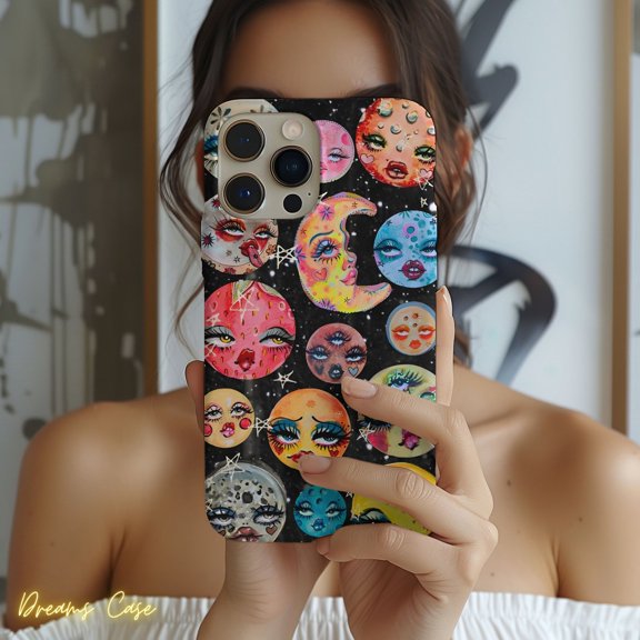 Protective iPhone Case Whimsical Moon and Planets Collage Phone Case Cosmic Aesthetic IP15 Magnetic MagSafe Compatible