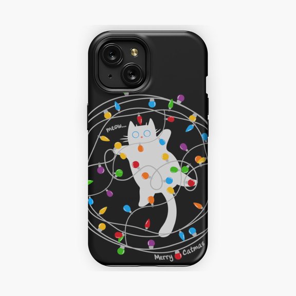 Protective iPhone Case White Cat Tangled In Lights Decorative Phone Case Fluffy Tree Wire Mess Shield IP13/14 Magnetic MagSafe Compatible