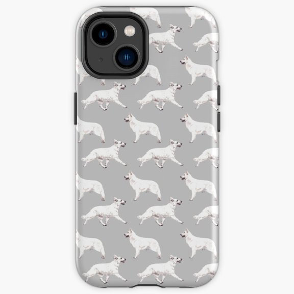 Protective iPhone Case White Swiss Shepherd Dog Repeat Pattern Seamless Canine Grid Shield IP13/14 Magnetic MagSafe Compatible